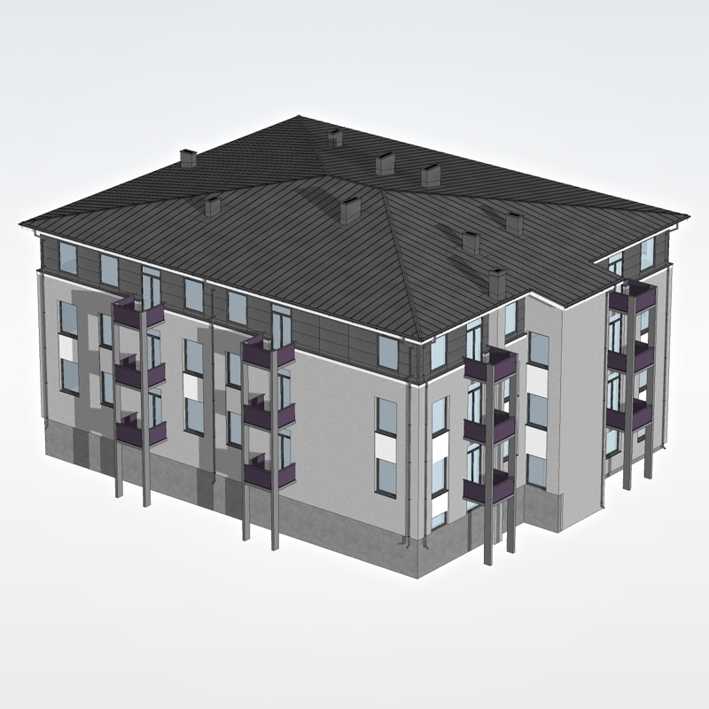 Daudzstāvu dzīvojamās ēkas ārējās fasādes 3D modelis, skatā no augšas.