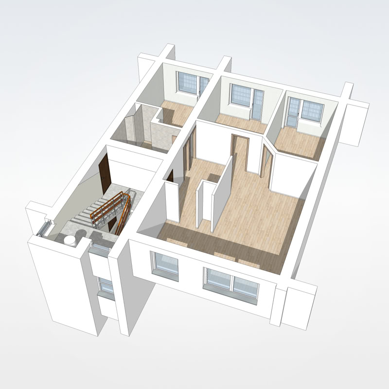 3D modelis dzīvokļa pārbūvei ar izmainītu sienu plānojumu.