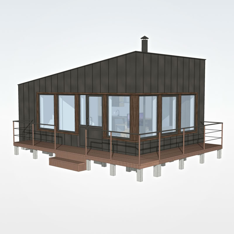 Īpašas konstrukcijas, maza izmēra, pārvietojamas mājas 3D modelis.