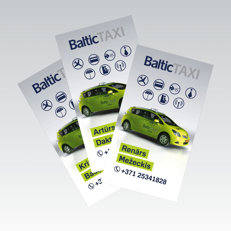 Zīmola BalticTAXI vizītkartes, ar individuālu taksometru vadītāju vārdiem un telefona numuriem.