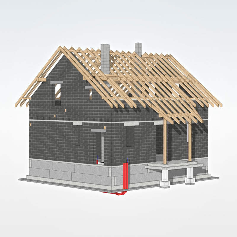 3D modelis ar divstāvu privātmājas mūra sienām un jumta konstrukcijām.