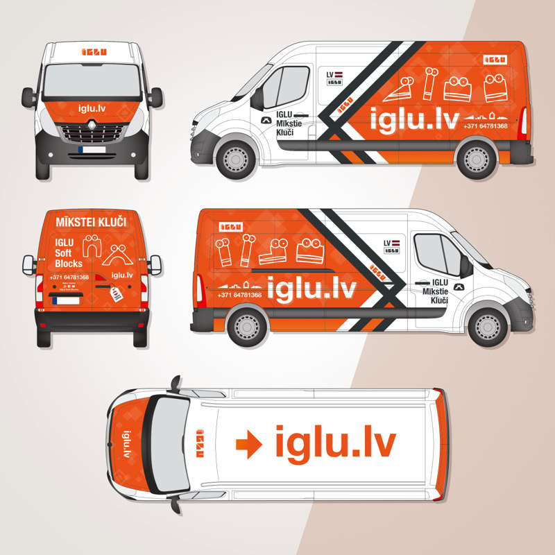 Piegādes busiņš ar IGLU Soft Blocks zīmola atribūtiku.