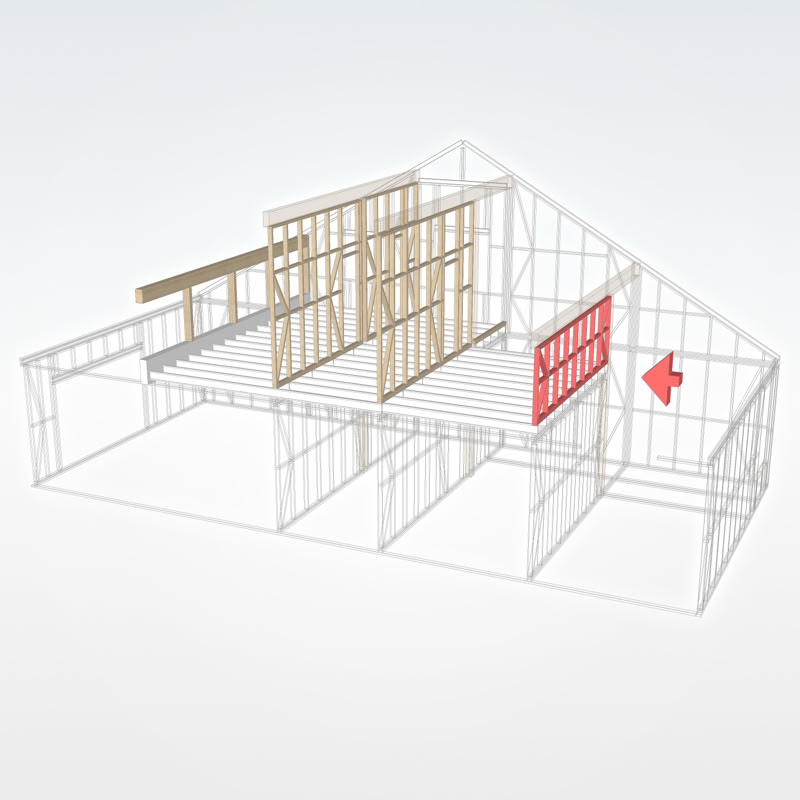 Koka karkasa mājas 3D modelis ar izceltu otrā stāva starpsienas konstrukciju. 