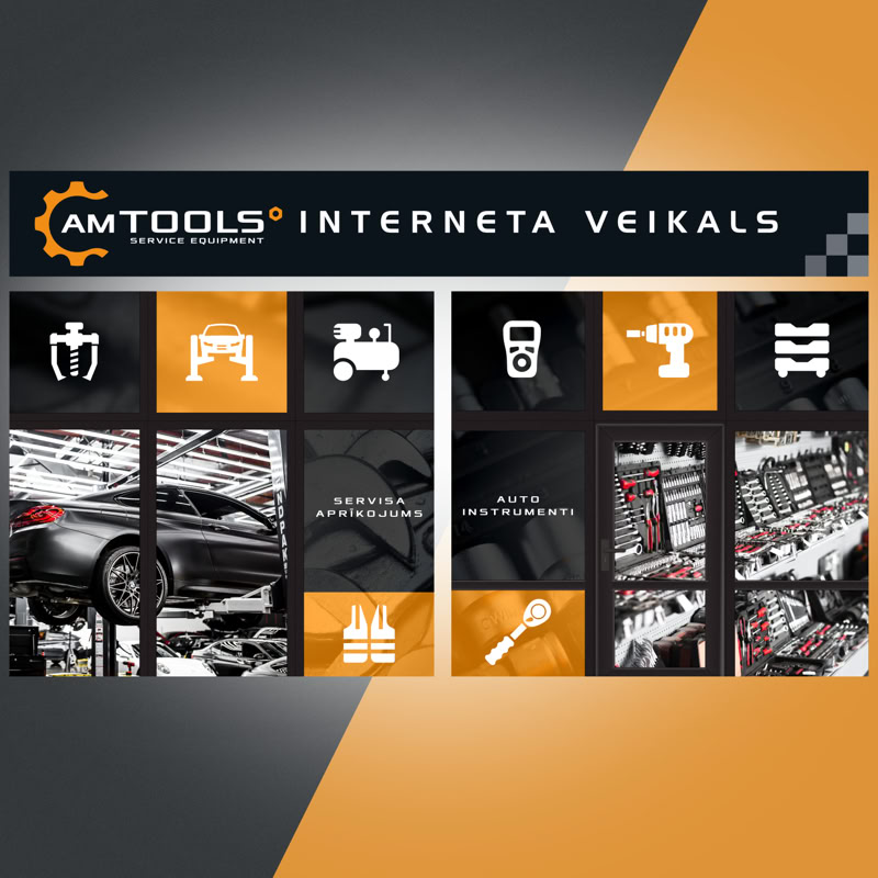 Auto instrumentu veikala AM Tools fasāde, dizains durvīm, stikliem un uzrakstam virs ieejas.