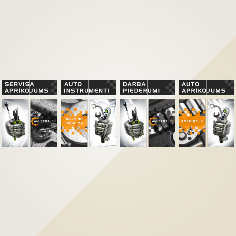 Auto instrumentu veikala AM Tools skatlogu dizains. 