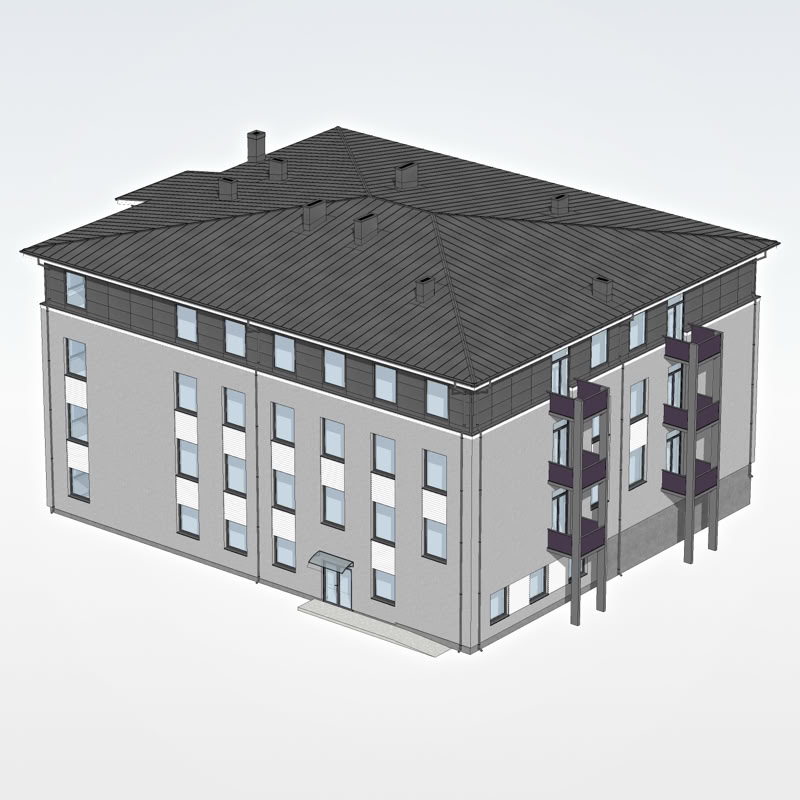 Daudzstāvu dzīvojamās ēkas ārējās fasādes 3D modelis, skatā no augšas.