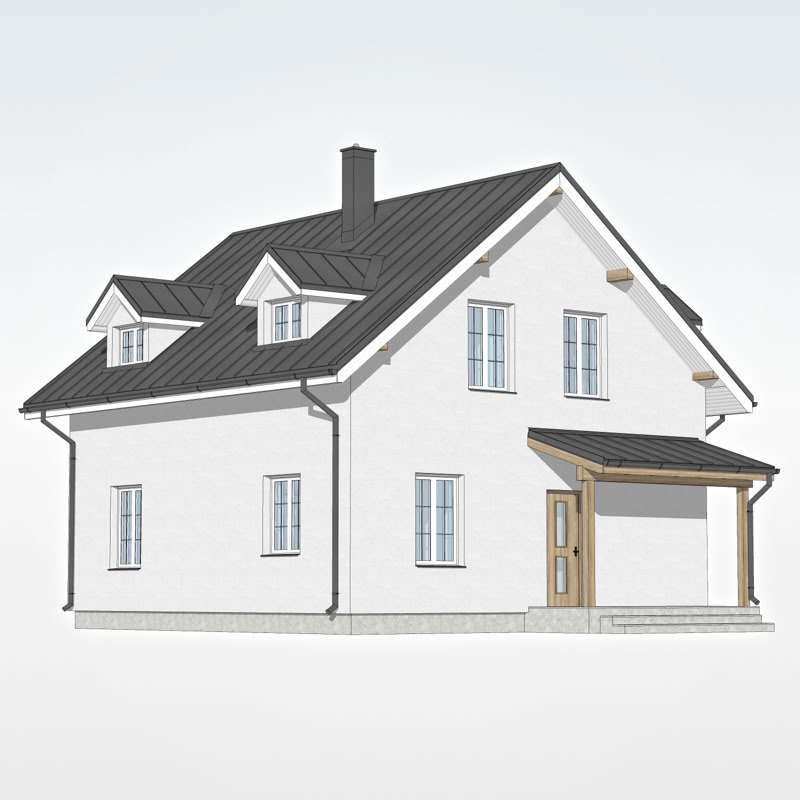 Skats uz neliela izmēra divstāvu privātmāju ar gaišu fasādi, nojumi virs ieejas un jumta logu izbūvēm. 3D modelis.