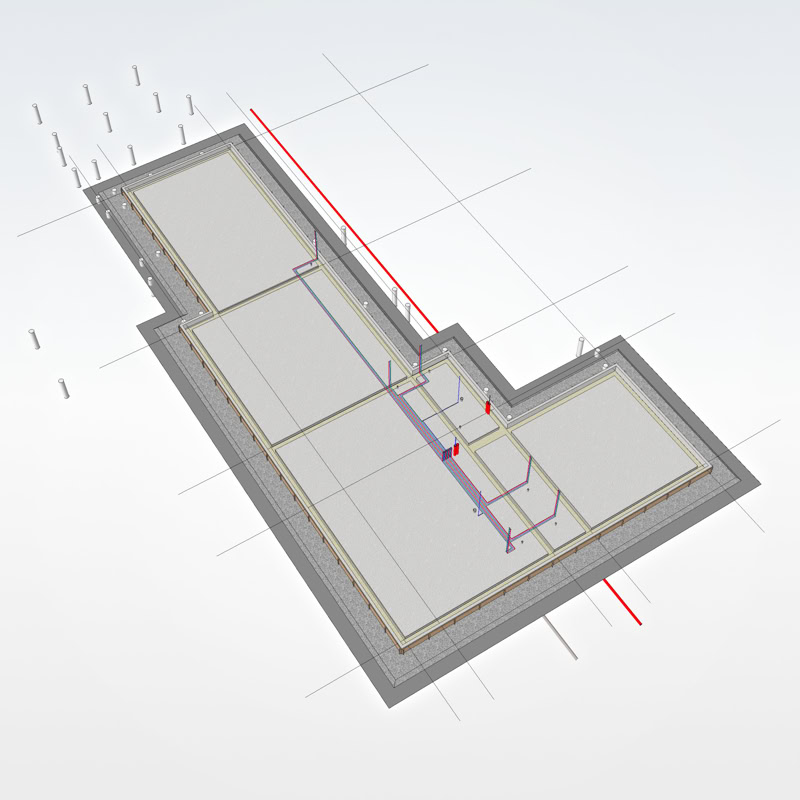 Mājas pamatu 3D modelis ar asīm, uzbūves slāņiem un komunikācijām. Skats no augšas.
