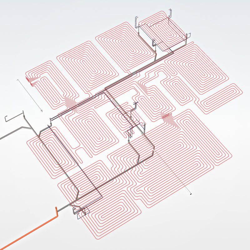 3D modelis ar silto grīdu trubām, ūdens vadiem, kanalizāciju un ventilācijas šahtām. Skatā no augšas.