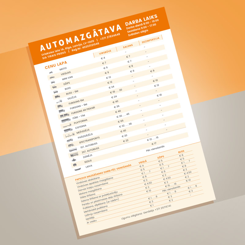Automazgātuves SIA "Tirais Prieks" cenrādis. Ērti pārskatāmā tabulā apkopoti uzņēmuma piedāvātie pakalpojumi.