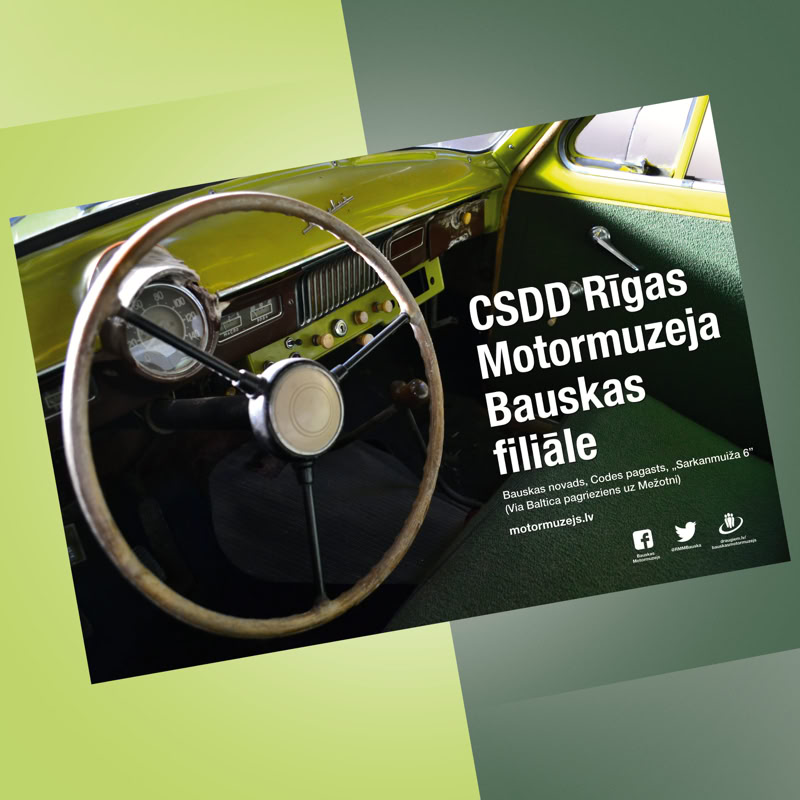 Foto plakāts ar uzrakstu CSDD Rīgas Motormuzeja Bauskas filiāle.