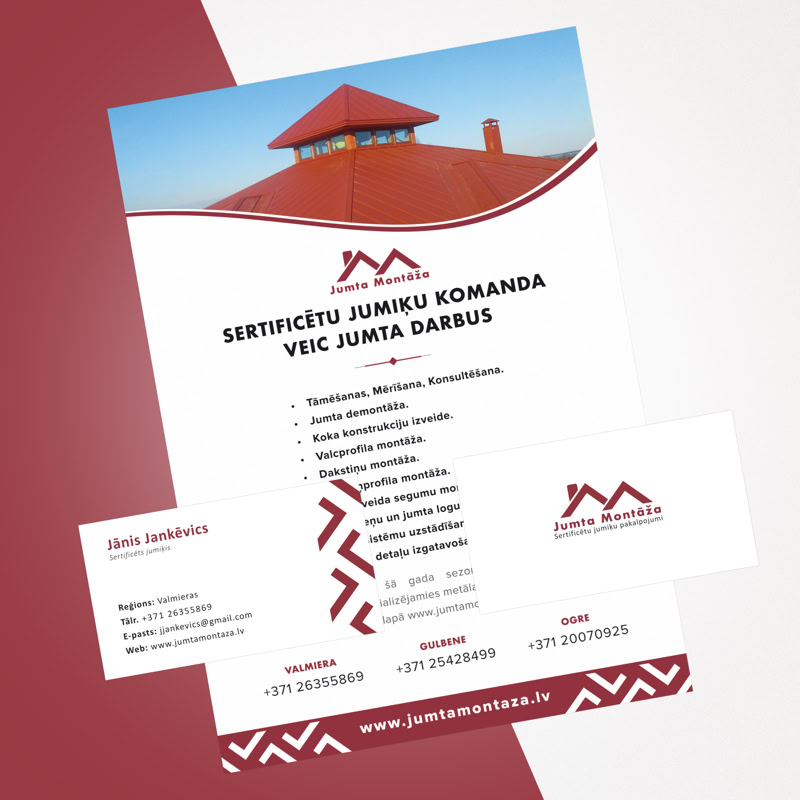 Vizuālā identitāte zīmolam Jumta montāža, logo, vizītkartes un flajeris.