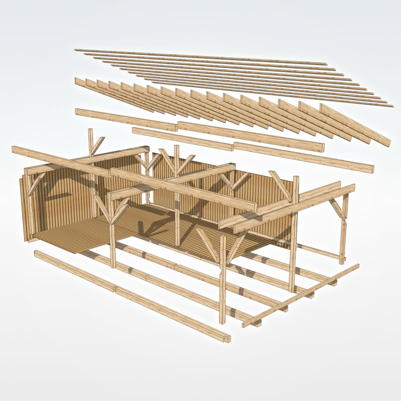 Koka konstrukcijas malkas novietnei. 3D modelis.