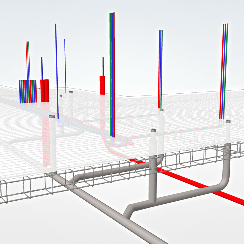 Mājas pamatu 3D modelis ar skatu uz ūdens, kanalizācijas un elektrības vadiem.