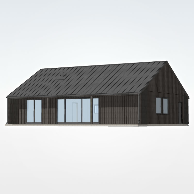 3D modelis modernai, neliela izmēra, vienstāva savrupmājai, ar vertikālu, tumšas krāsas, dēļu apdari.