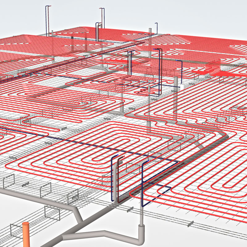 3D modelis ar armatūru, silto grīdu trubām, ūdens vadiem, kanalizāciju. Skats tuvplānā.