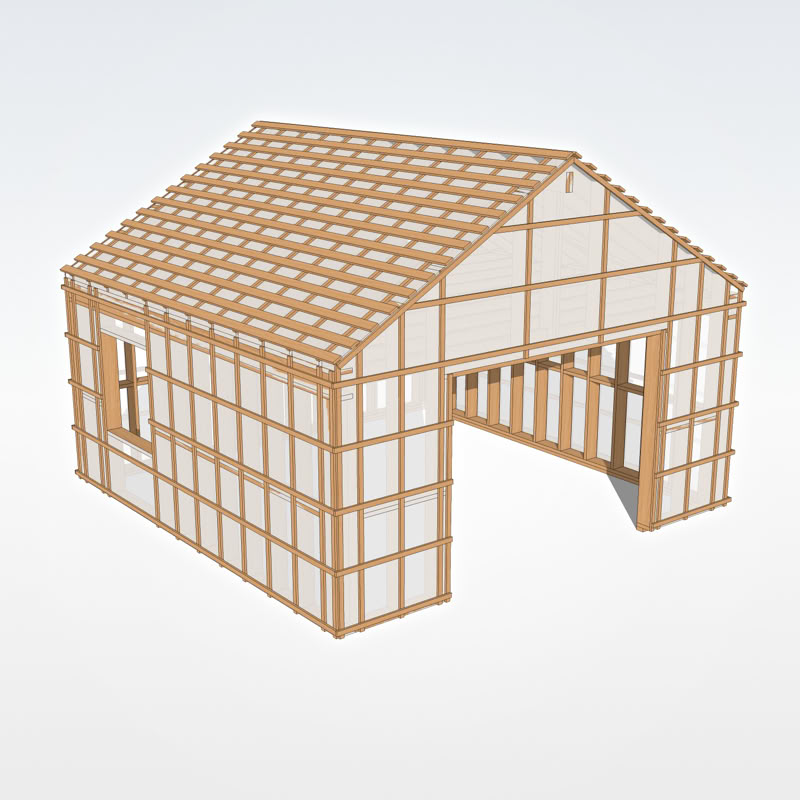 Koka karkasa konstrukcijas ar plēves membrānu saimniecības ēkai. 3D modelis.