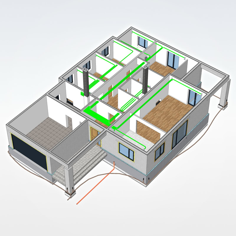 3D skats no augšas uz pirmā stāva ventilācijas sistēmu.