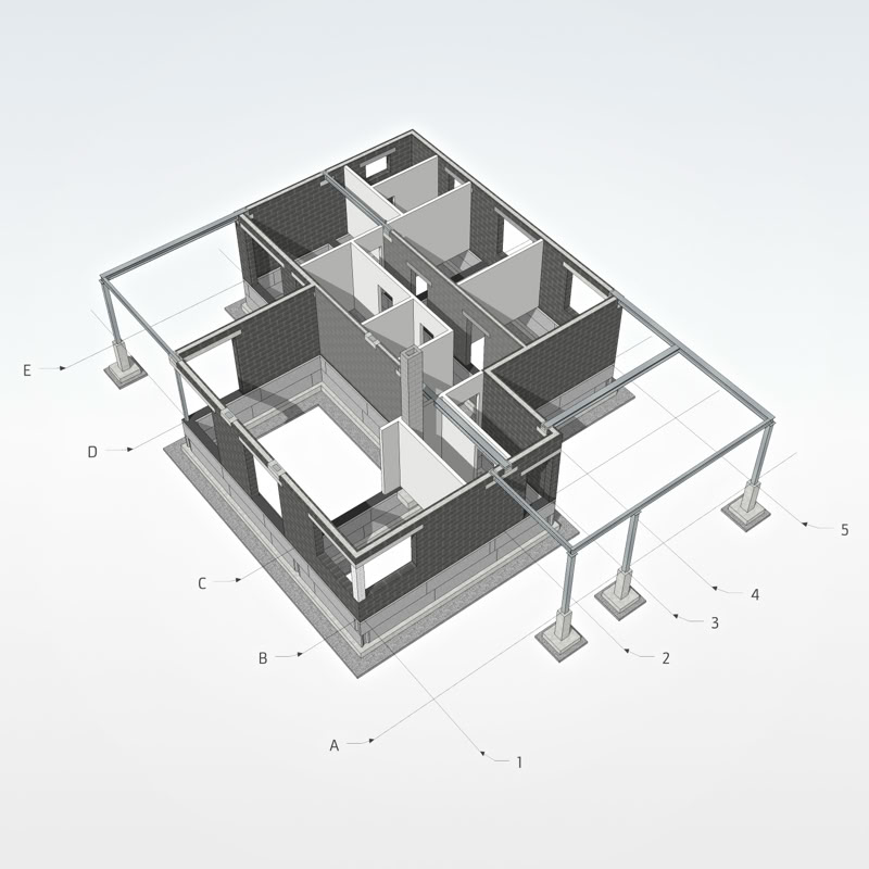 3D skats uz galvenajām mājas būvkonstrukcijām.