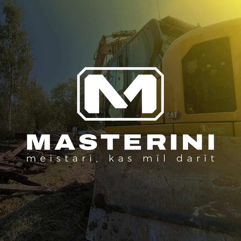 Uzņēmuma SIA "Masterini" logo. M burts ar šķeltiem stūriem kam apkārt rāmis. Uzraksts Masterini, zem tā sauklis - meistari kas mīl darīt.
