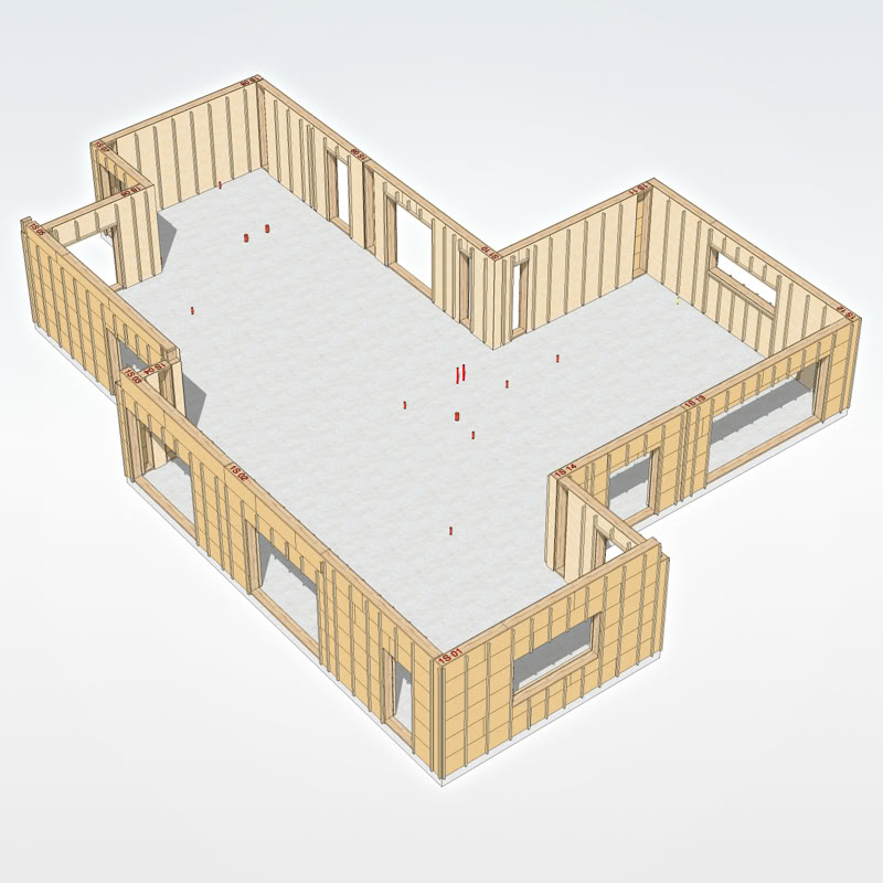Skats no augšas uz 3D modeli ar kaka paneļu mājas konstrukcijām, novietotām uz izbetonēta pamata.