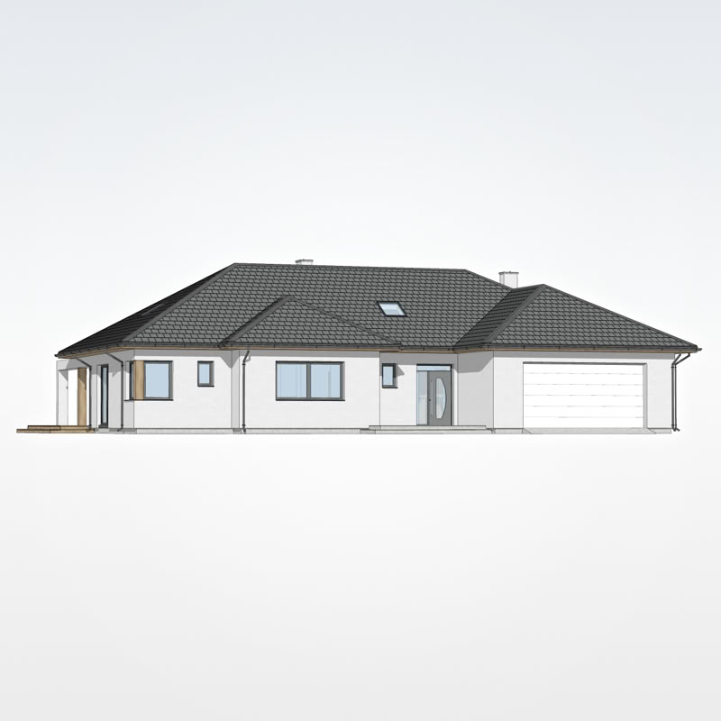 3D modelis. Skats uz vienstāva privātmājas priekšējo fasādi, ar garāžas vārtiem un durvīm.