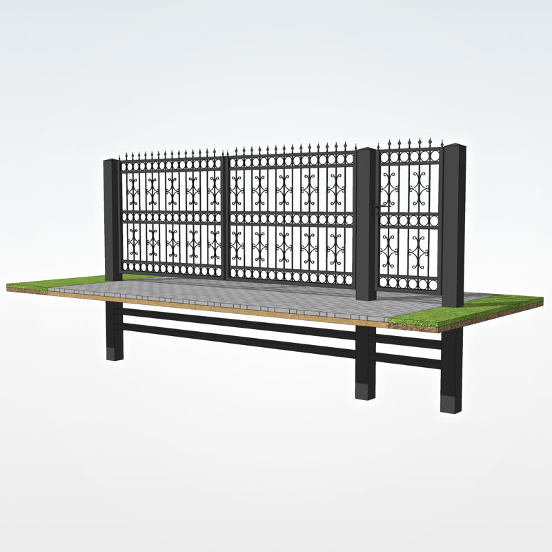 3D vizualizācija metāla vārtiem ar dekoratīviem elementiem.