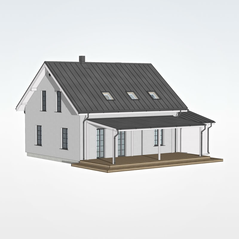 3D skats uz divstāvu privātmājas aizmugurējo fasādi ar terasi un jumtu.
