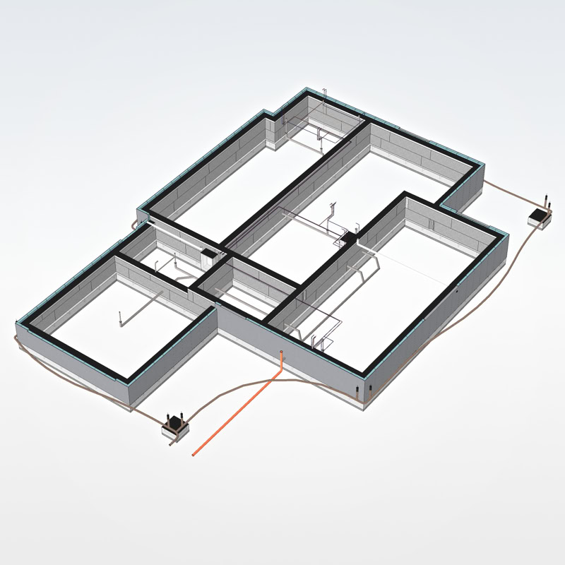 3D skats no augšas uz mājas pamatiem ar ieejošam un izejošajām komunikācijām.
