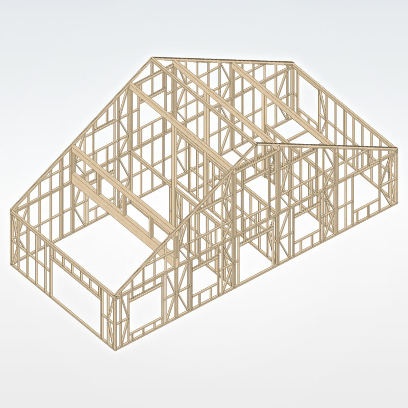 Koka karkasa mājas nesošās konstrukcijas skatā no augšas, 3D modelis.