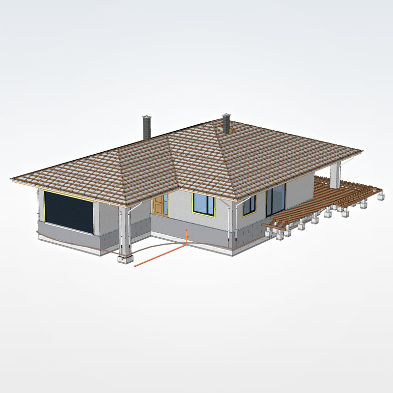 3D mājas modeļa kopskats ar jumta latojumu un terases nesošajām koka konstrukcijām.