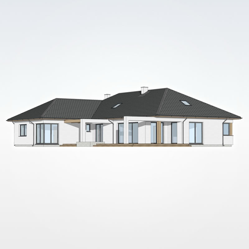 3D modelis. Skats uz vienstāva privātmājas aizmugurējo fasādi, ar trasi.
