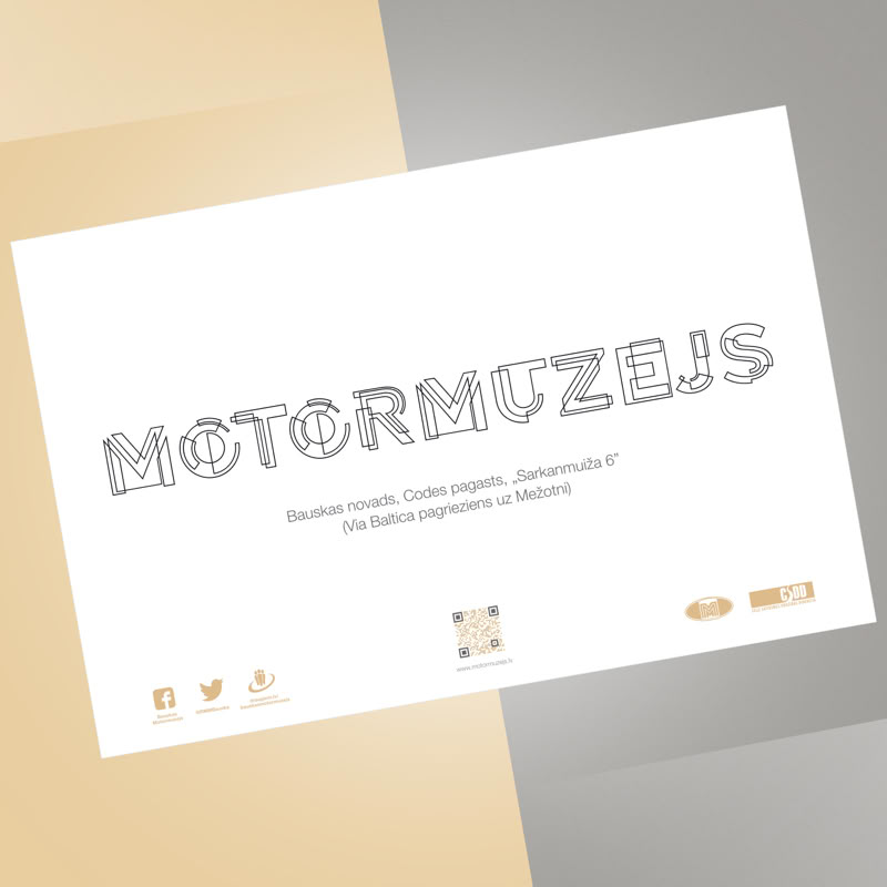 Balts plakāts ar stilistisku uzrakstu motormuzejs.