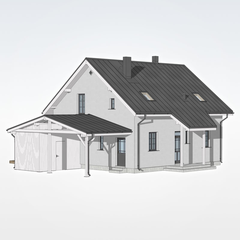 3D skats uz divstāvu privātmājas priekšējo fasādi un garāžas nojumi ar saimniecības šķūnīti.