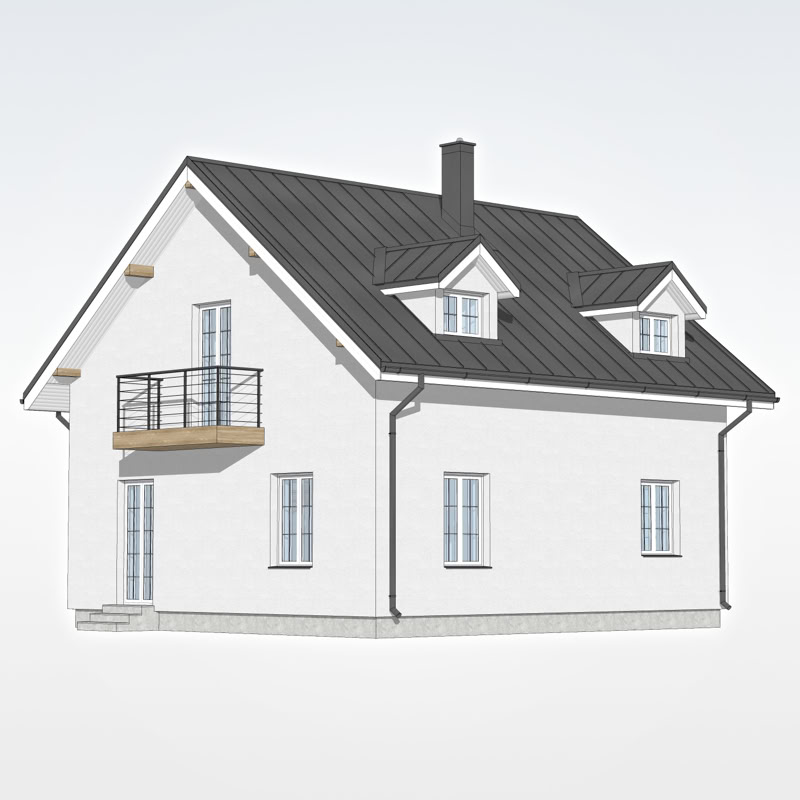 Skats uz neliela izmēra divstāvu privātmāju ar gaišu fasādi, balkonu un jumta logu izbūvēm. 3D modelis.