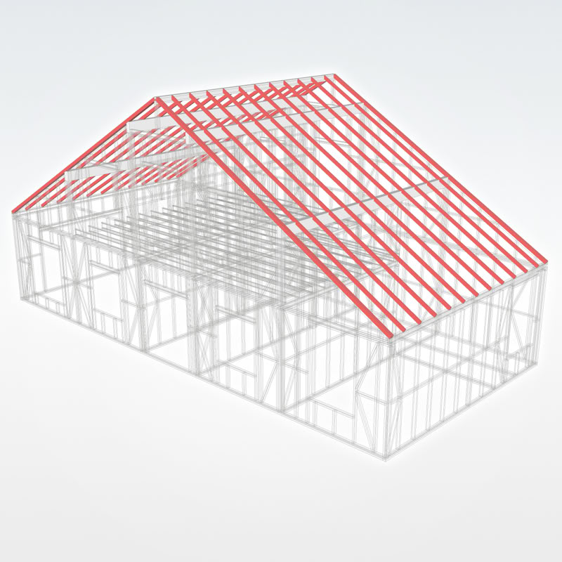 Koka karkasa mājas 3D modelis, kurā ar sarkanu krāsu izceltas spāres.