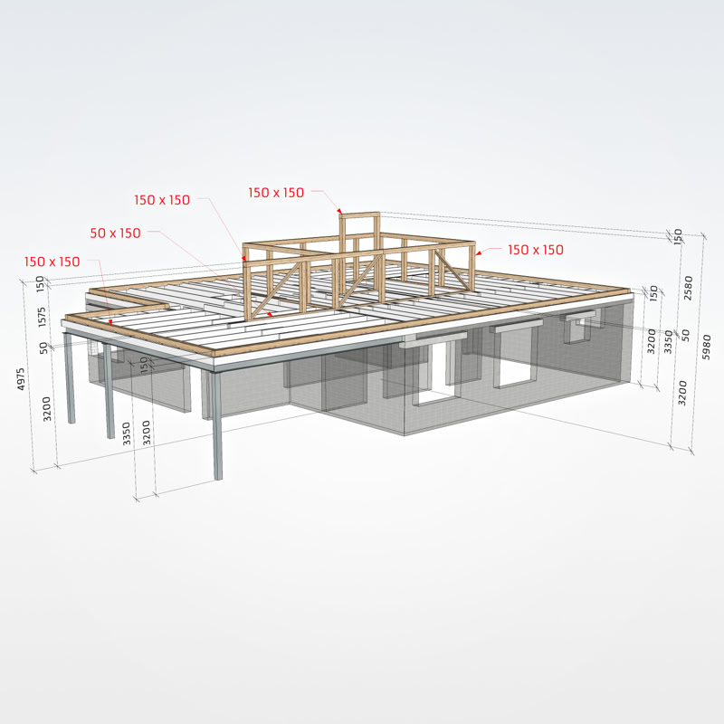 3D modelis ar augstumiem un brusu izmēriem nesošajām jumta konstrukcijām.