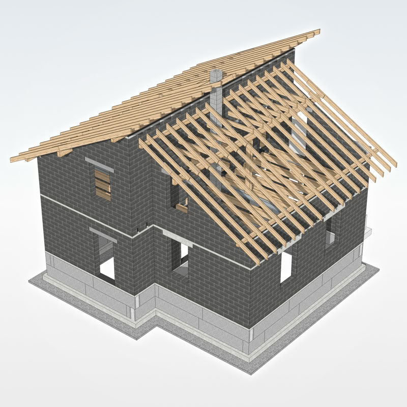 3D modelis ar divstāvu privātmājas mūra karkasu un nesošajām jumta konstrukcijām.