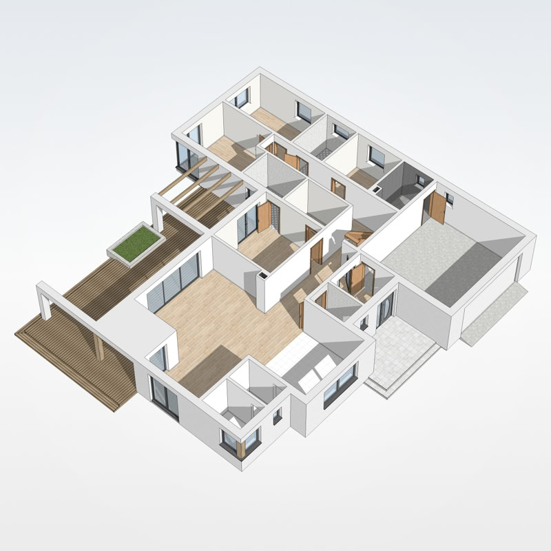 3D modelis, vienstāva privātmājas istabu plānojums un terase. Skats no augšas.