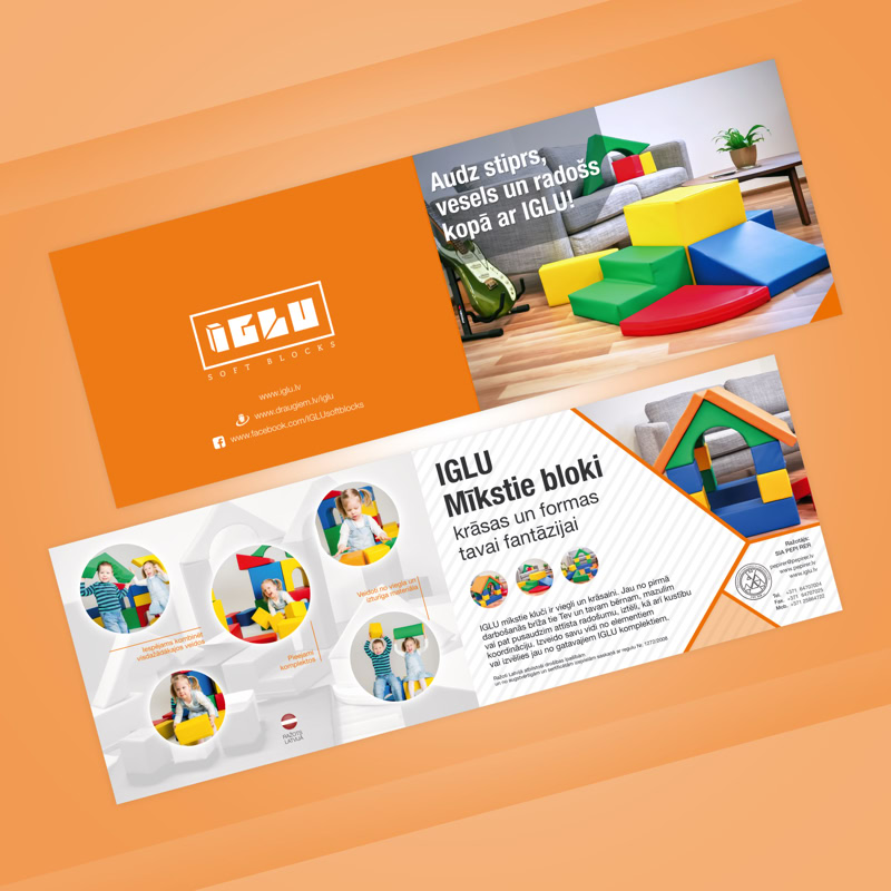 Atverams reklāmas buklets, ar informāciju par zīmola IGLU Soft Blocks bērnu rotaļu klučiem.
